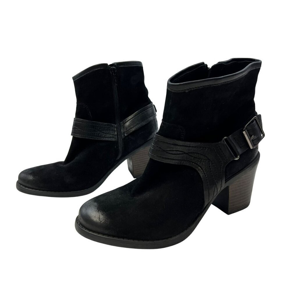 Earth Lina Arlington Heeled Ankle Boots Black Suede Buckle Size 8